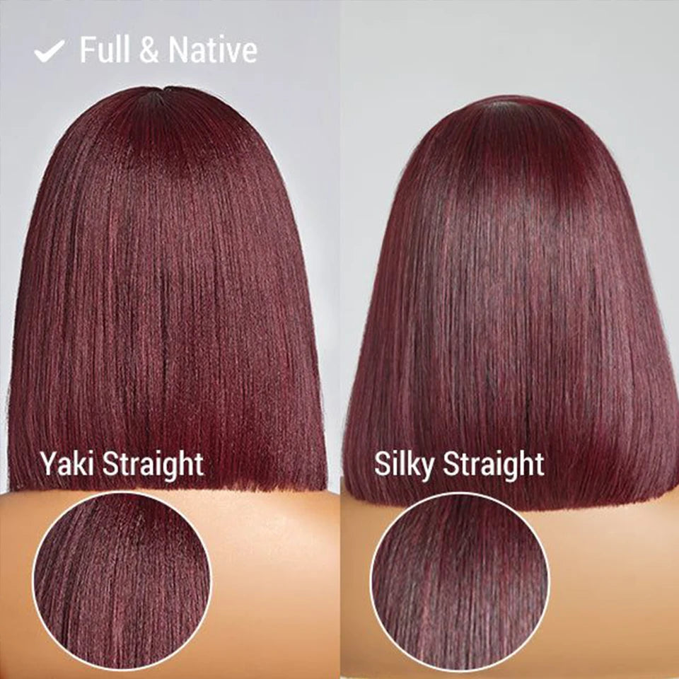 99J 180% Density Straight Bob Human Hair Wig With Bangs Full Machine Made Wigs For Women Dark Burgundy Colored Short Bob Wigs