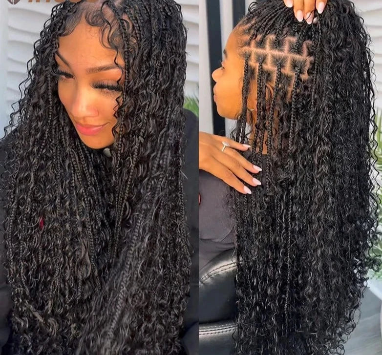 Boho Synthetic Braided Lace Frontal Wigs Curly Burgundy Red Full Locs Lace Braided Wig Pre-plucked Baby Hair Box Braids Wig