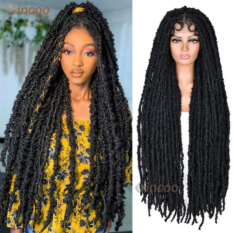 Full Lace Frontal Wigs For Women Butterfly Faux Locs Crochet Goddess Braided Wigs Pre Looped Distressed Crochet Dreadlocks Wigs