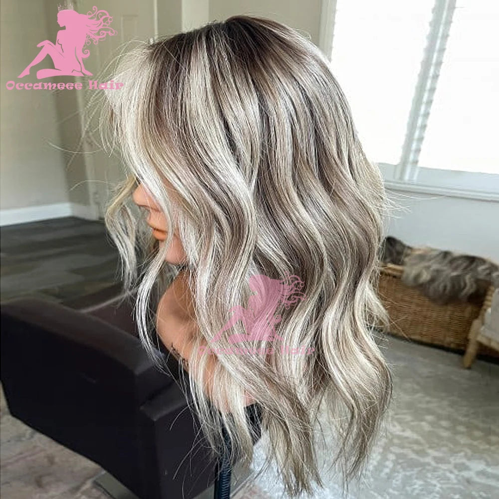 Highlight Human Hair Wigs Dark Roots Bleach Preplucked Blonde 360 Full Lace Frontal Transparent Swiss Lace Wig Natural Body Wavy