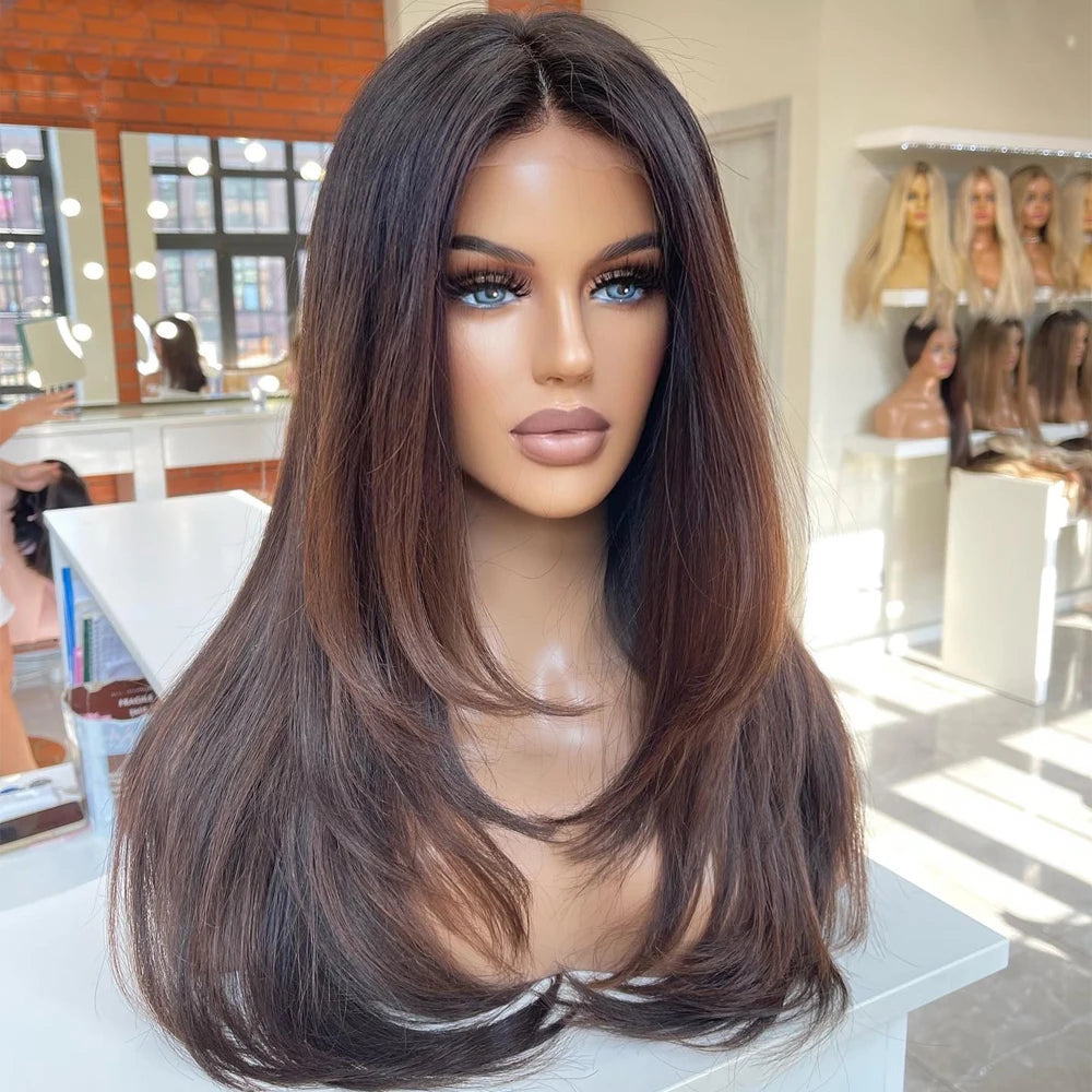 Highlights Chocolate Brown 360 HD Lace Frontal Wigs Premium Human Hair Wigs Glueless Pre Plucked