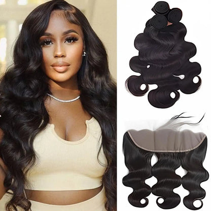 Body Wave Bundles Human Hair With Frontal 13x4 HD Transparent Lace Frontal 100% Natural