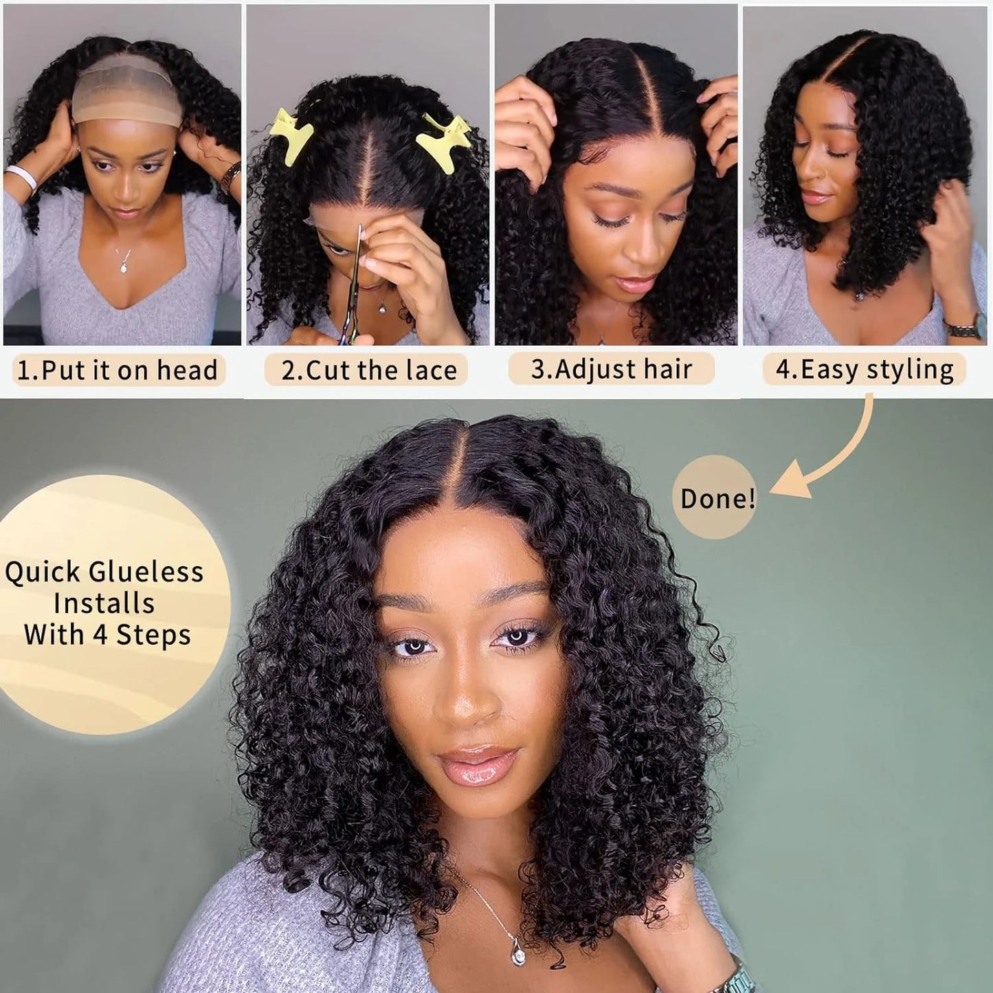 12A Brazilian Kinky Curly Bob Wig Human Hair Lace Frontal Wigs 180% Wear and Go Glueless