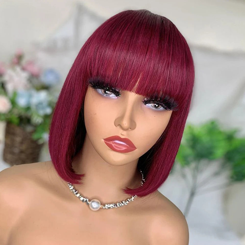 99J Burgundy Red Short Bob Human Hair Wig With Fringe For Women Straight Remy Hair Bob Wigs With Bangs Ginger Orange Color