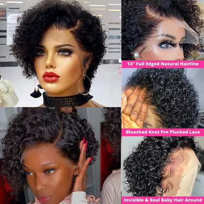 Short Bob Wig Pixie Cut Wig Curly Human Hair 13x1 Lace Front Transparent Deep Wave