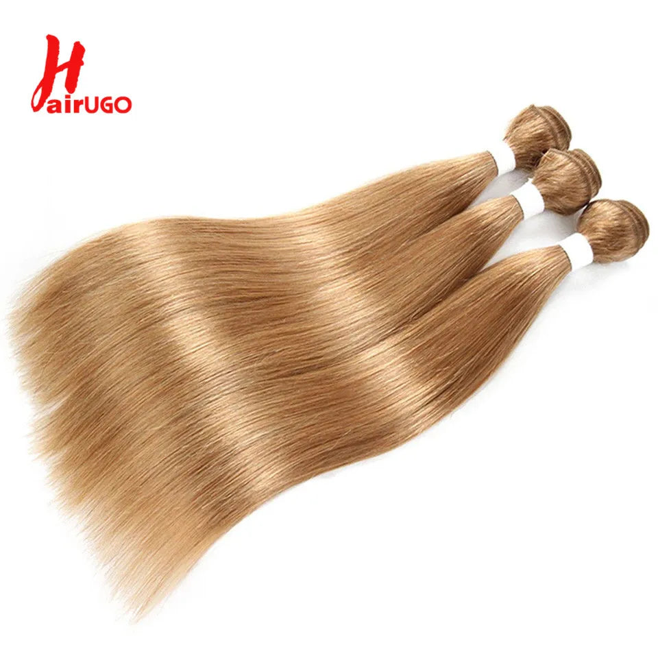 HairUGo #27 Honey Blonde Human Hair Extensions Remy Hair Weave Pre-Colored Brazilian #27 Straight Bundles Hair Weaving