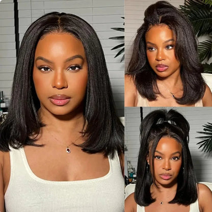 Glueless Kinky Straight Short Bob Human Hair Pre Plucked Wigs with Baby Hair