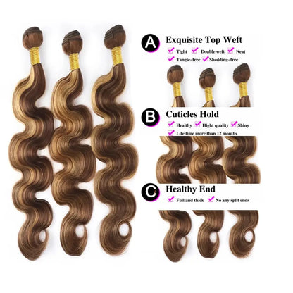 Body Wave P4/27 Human Hair Bundles Bundle Hair Weave Weaves For Women 12A Remy Hair Wet And Wavy P4/27 Bundles 28 28 28 Inch