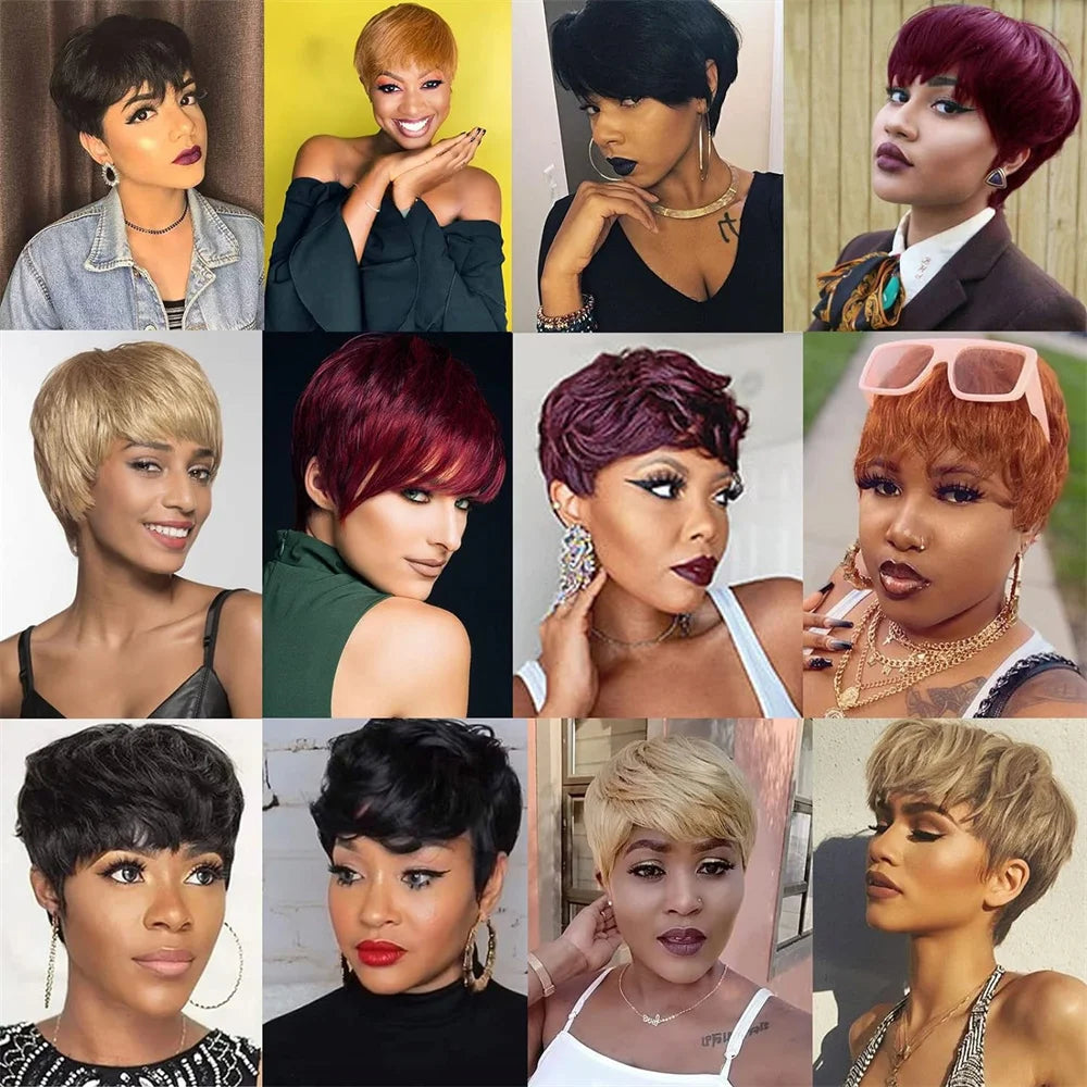 Burgundy Short Straight Human Hair Wigs Natural Color Brazilian Remy Hair Pixie Cut Wig Cheap Human Hair Wig For Black Women