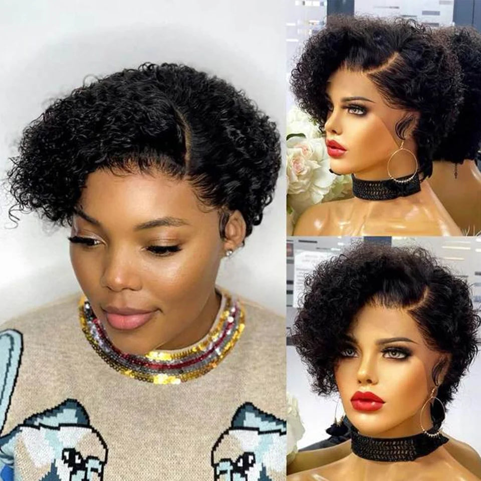 Short Bob Wig Pixie Cut Wig Curly Human Hair 13x1 Lace Front Transparent Deep Wave