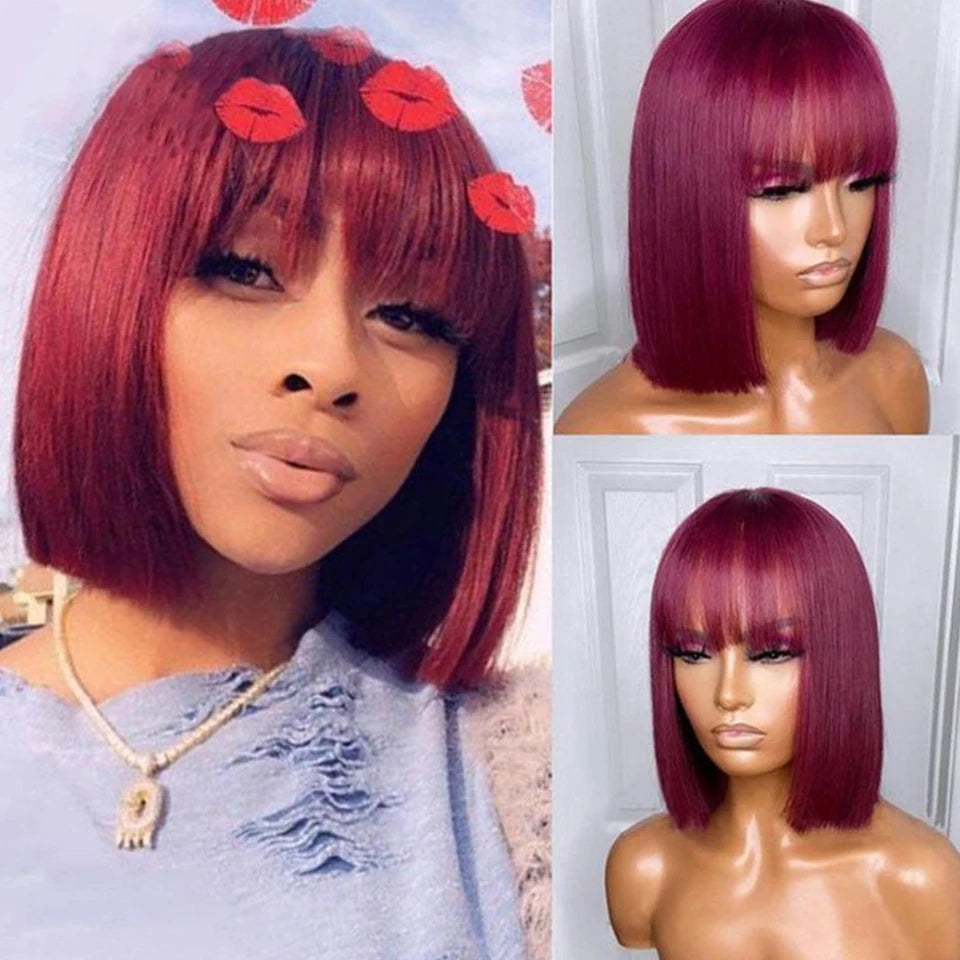 99J Burgundy Red Short Bob Human Hair Wig With Fringe For Women Straight Remy Hair Bob Wigs With Bangs Ginger Orange Color