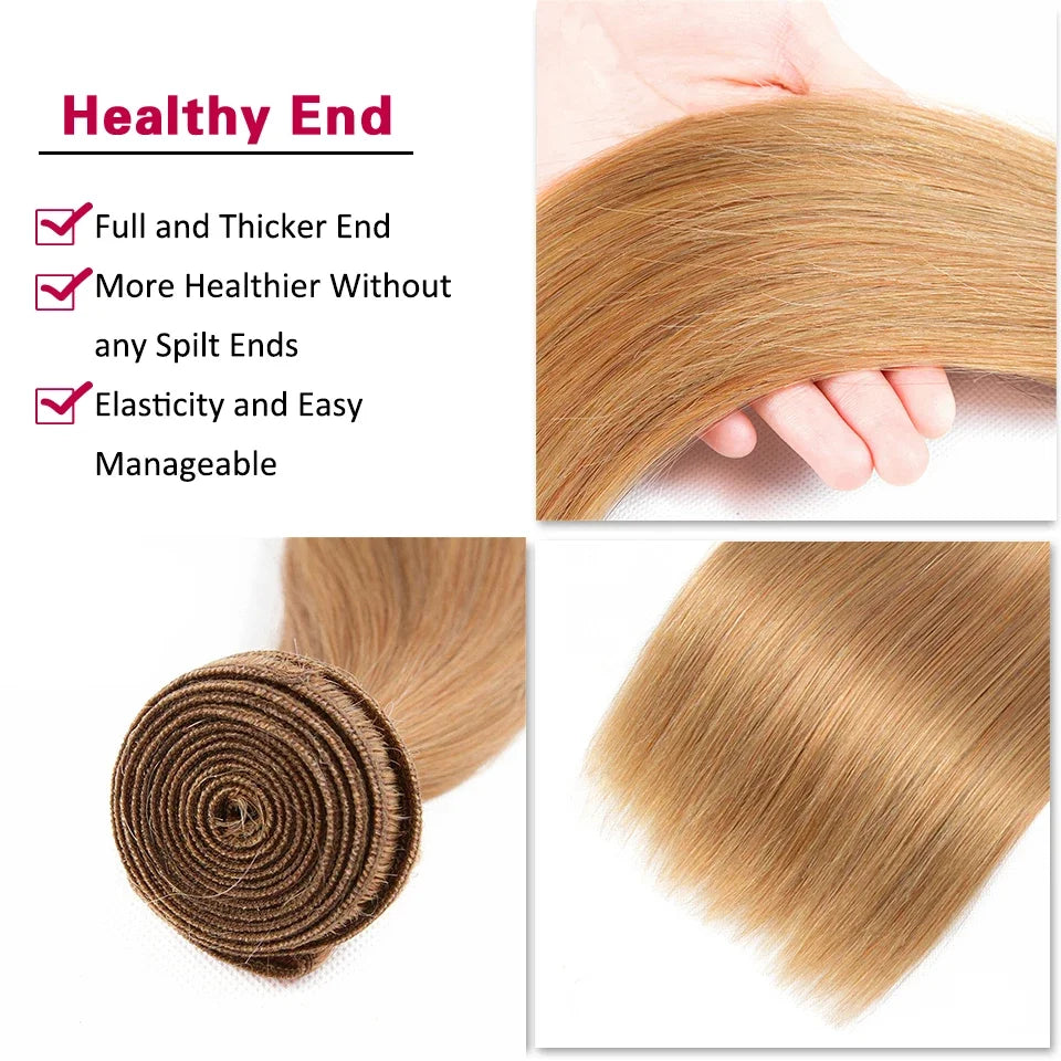 HairUGo #27 Honey Blonde Human Hair Extensions Remy Hair Weave Pre-Colored Brazilian #27 Straight Bundles Hair Weaving