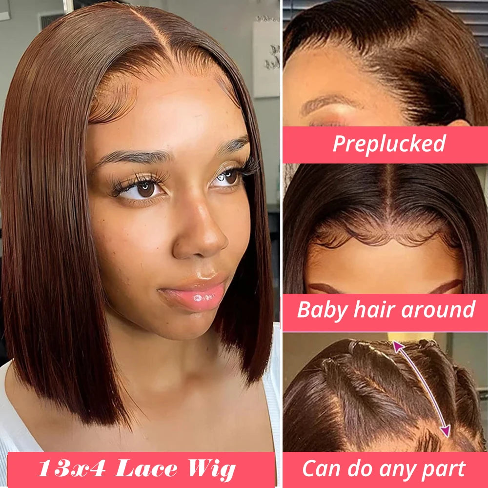 Lace Front Wig Bob Human Hair Brown Straight 180% Full Density HD Transparent Lace Frontal Wigs bob hair lace front wig