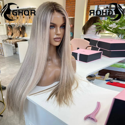 Highlight Wigs Human Hair Full Lace Ash Grey Blonde Straight Wigs with HD Transparent Lace Frontal Wigs for Women Free Shipping