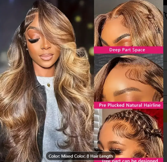 BRYELLE Highlight Body Wave Wig 13x4 Lace Front Human Hair Wig P4/27 Colored Ombre 13X4 Lace Frontal Wigs For Women Pre Plucked With Baby Hair 180% Density