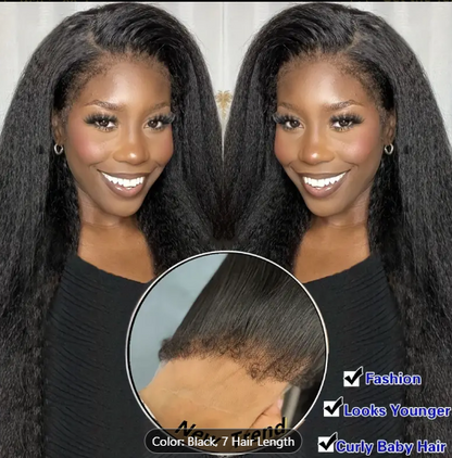 BRYELLE Kinky Straight 4C Edges Wig Human Hair 13x4 Lace Front Human Hair Wigs Yaki Straight Lace Front Wig Brazilian Remy Human Hair Wig With Curly Baby Hair 18-30 Inch Natural Color