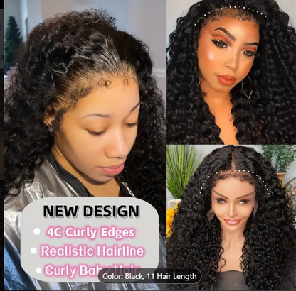 BRYELLE 180% 13x4 Human Hair Wig 4C Curly Edges Hairline 13X4 Lace Front Curly Wigs D Transparent Lace Frontal Wigs Glueless Frontal Wig 4C Natural Hairline With Curly Baby Hair Pre Plucked