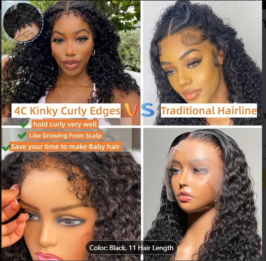 BRYELLE 180% 13x4 Human Hair Wig 4C Curly Edges Hairline 13X4 Lace Front Curly Wigs D Transparent Lace Frontal Wigs Glueless Frontal Wig 4C Natural Hairline With Curly Baby Hair Pre Plucked