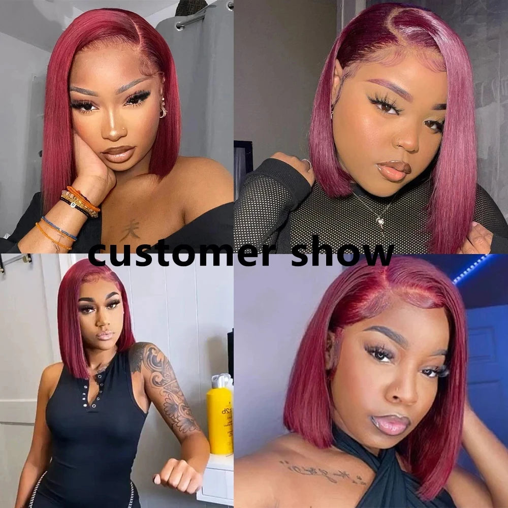 99j Burgundy Bob Lace Front Wig Human Hair Dark Wine Red Lace Front Human Hair Wigs for Women 180% 13x4 Full Lace Frontal Wigs