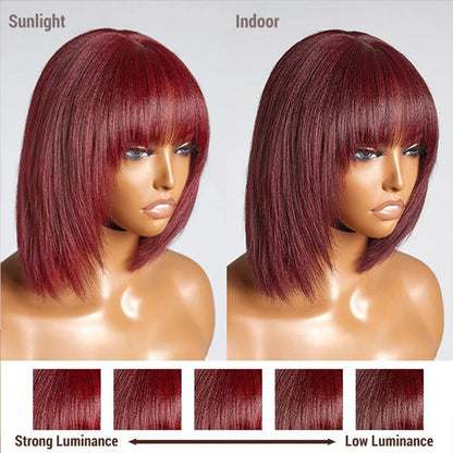 99J 180% Density Straight Bob Human Hair Wig With Bangs Full Machine Made Wigs For Women Dark Burgundy Colored Short Bob Wigs