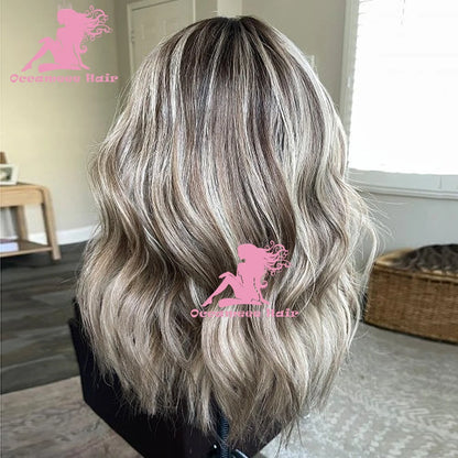 Highlight Human Hair Wigs Dark Roots Bleach Preplucked Blonde 360 Full Lace Frontal Transparent Swiss Lace Wig Natural Body Wavy