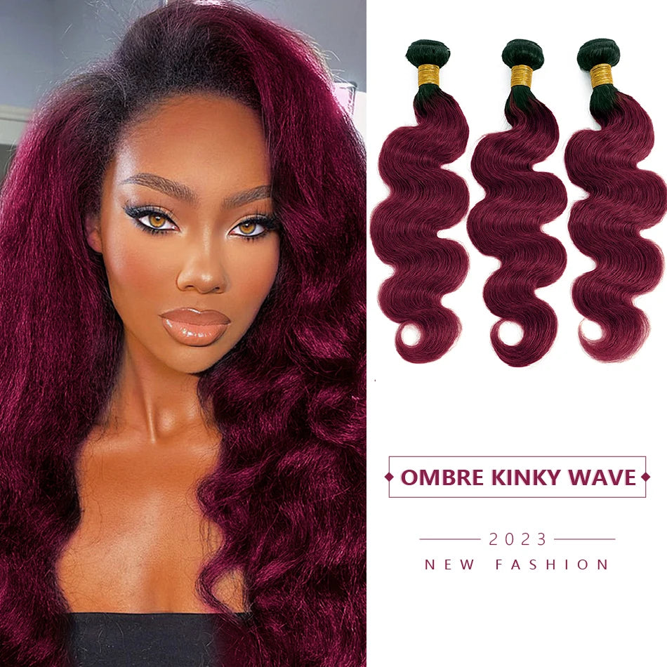 DreamDiana 100% Malaysia Hair Yaki Body Wave Bundles With Closure 4Pcs Ombre Kinky Wave Hair With Closure Remy Afro Hair Texture