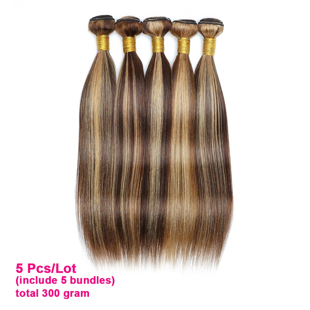 KissHair 60Gram P4/27 Highlight Human Hair Bundles 10 to 22 Inch Pre-colored Brown Blonde Peruvian Hair Extensions Double Wefts