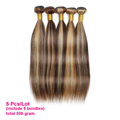 KissHair 60Gram P4/27 Highlight Human Hair Bundles 10 to 22 Inch Pre-colored Brown Blonde Peruvian Hair Extensions Double Wefts