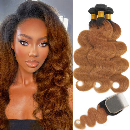 DreamDiana 100% Malaysia Hair Yaki Body Wave Bundles With Closure 4Pcs Ombre Kinky Wave Hair With Closure Remy Afro Hair Texture