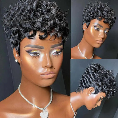 Curly Pixie Cut  Glueless None Lace Front