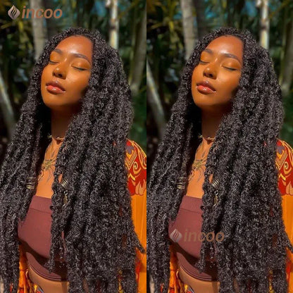 Full Lace Frontal Wigs For Women Butterfly Faux Locs Crochet Goddess Braided Wigs Pre Looped Distressed Crochet Dreadlocks Wigs