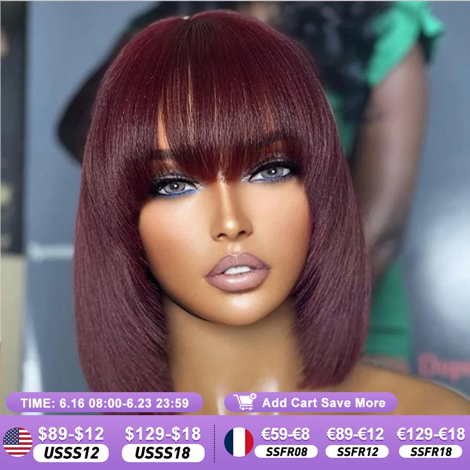 99J 180% Density Straight Bob Human Hair Wig With Bangs Full Machine Made Wigs For Women Dark Burgundy Colored Short Bob Wigs