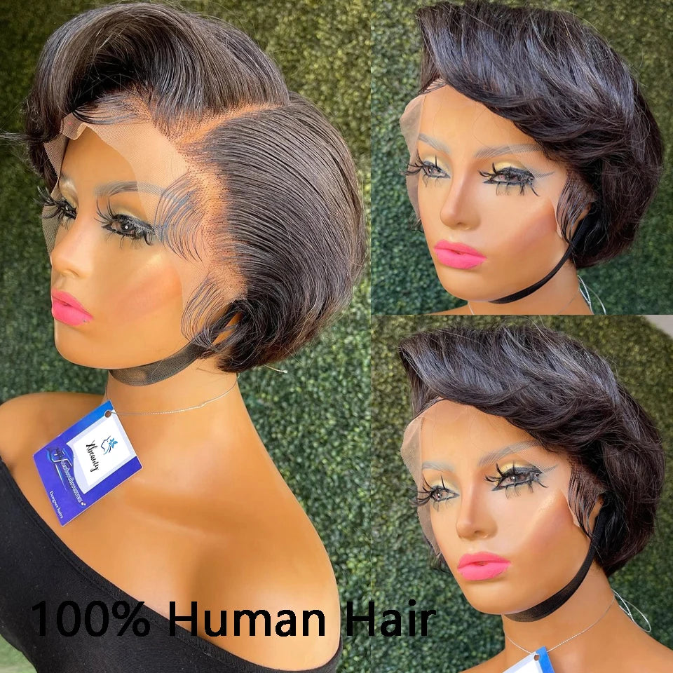 Short Bob Pixie Cut Wig Lace Frontal Straight Transparent  Preplucked Brazilian Hair