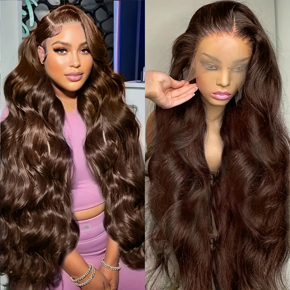 Chocolate Brown Body Wave Lace Front Wig Human Hair Swiss HD Lace Frontal Wig Pre Plucked With Ear To Ear Baby Hair #4 Colored Brazilian Long Loose Wave Wig Chestnut Brown Wig