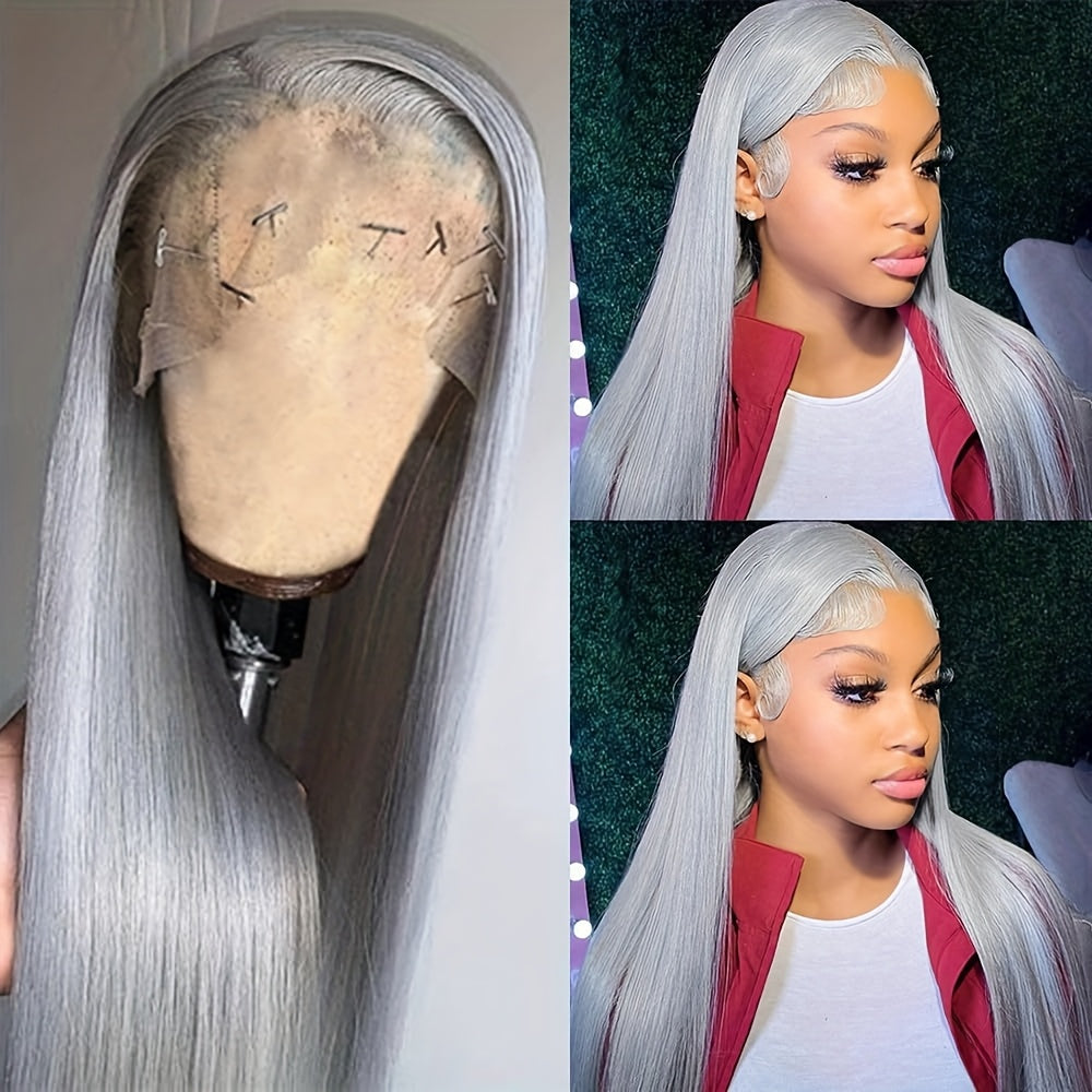 Elegant Silvery Grey Human Hair Wig for Women - Pre-Plucked 13x4 HD Transparent Lace Front, 24" Straight with Youngsters Hairs, 180% Density