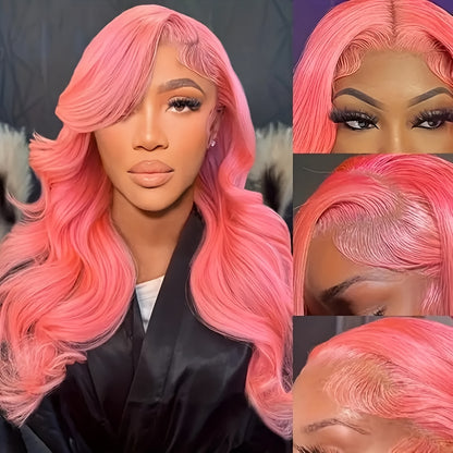 Hot Pink 13x4 HD Transparent Lace Front Human Hair Wigs Candy Pink Color Body Wave Wig Human Hair Pre Plucked With Baby Hair Brazilian Virgin Human Hair Wigs For Women Christmas Party Use