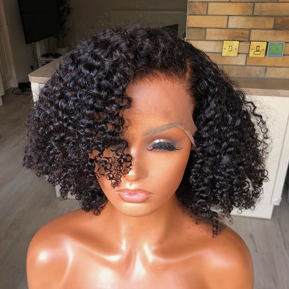 Luxurious 100% Human Hair Curly Wig with Natural Youngsters Hair - Transparent Lace Front, Pre-Plucked & Adjustable Cap, 180% Density, 14" Natural Black, Jerry Curls for Daily Use