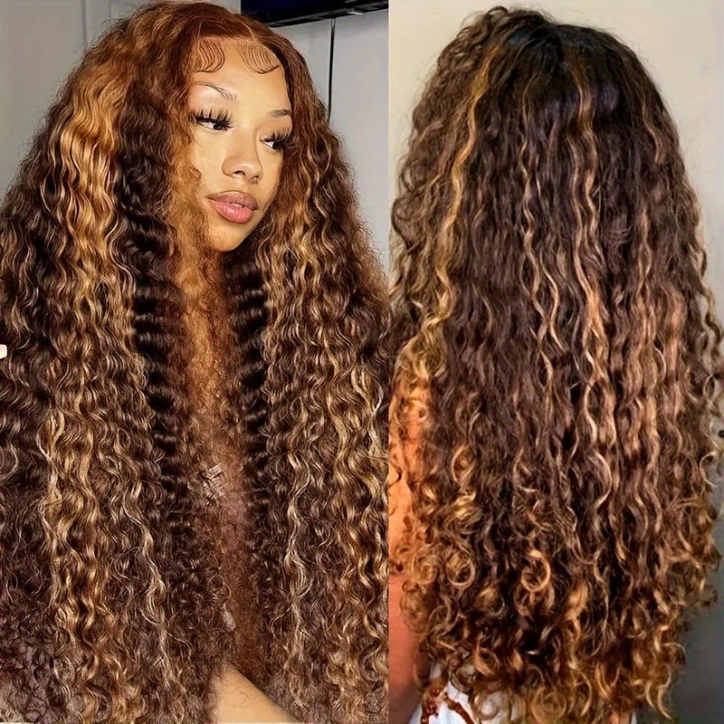 Glamorous Caramel Highlight 20-30" Lace Front Wig - 13x4 Brazilian Virgin Hair, Curly Ombre Honey Blonde Water Wave, 200% Density, Fluffy & Thick for Women