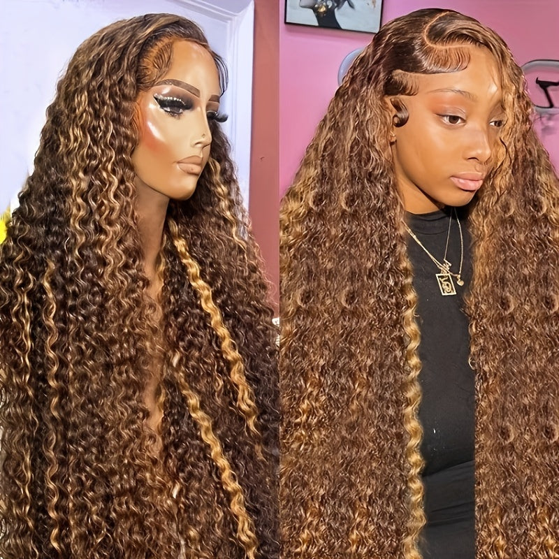 Glamorous Caramel Highlight 20-30" Lace Front Wig - 13x4 Brazilian Virgin Hair, Curly Ombre Honey Blonde Water Wave, 200% Density, Fluffy & Thick for Women