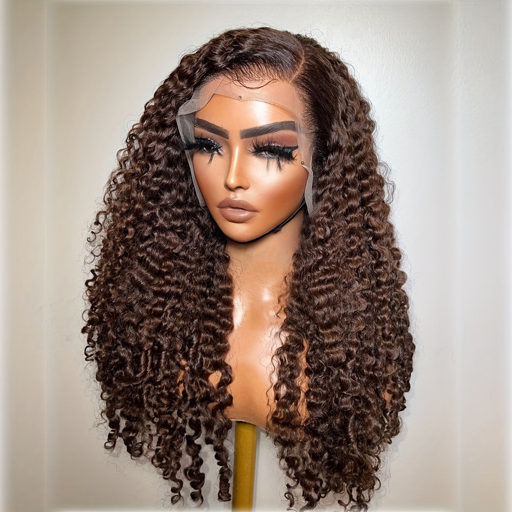 Luxurious 180% Density Brazilian Jerry Curly Wig for Women - Pre-Plucked with Natural Hairline, Transparent Lace Front, Deep Wave in Saddle Brown