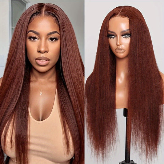 Bye Bye Knots Glueless Wig Reddish Brown Yaki Straight 7x5 Pre Cut Lace Front Wigs Human Hair Put On And Go Wigs For Beginners Pre Bleached Pre Plucked No Glue 30S Easy To Wear Kinky Wig