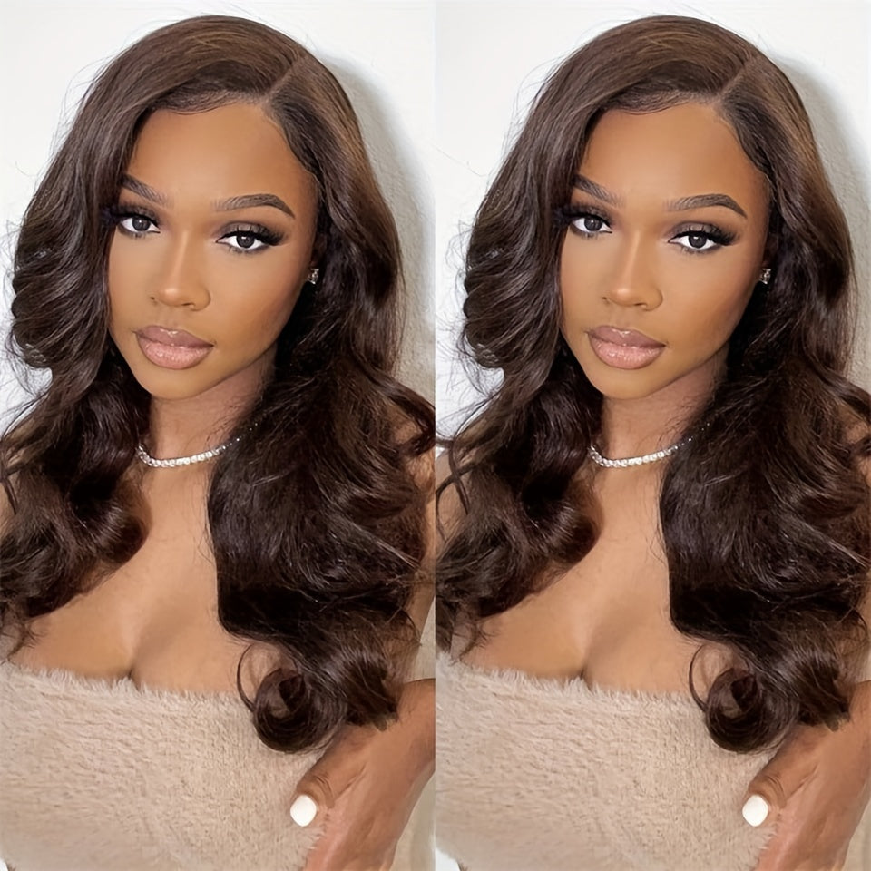 Chocolate Brown Body Wave Lace Front Wig Human Hair Swiss HD Lace Frontal Wig Pre Plucked With Ear To Ear Baby Hair #4 Colored Brazilian Long Loose Wave Wig Chestnut Brown Wig