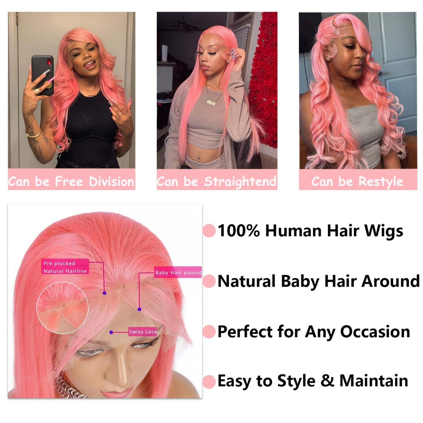 Hot Pink 13x4 HD Transparent Lace Front Human Hair Wigs Candy Pink Color Body Wave Wig Human Hair Pre Plucked With Baby Hair Brazilian Virgin Human Hair Wigs For Women Christmas Party Use