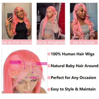 Hot Pink 13x4 HD Transparent Lace Front Human Hair Wigs Candy Pink Color Body Wave Wig Human Hair Pre Plucked With Baby Hair Brazilian Virgin Human Hair Wigs For Women Christmas Party Use