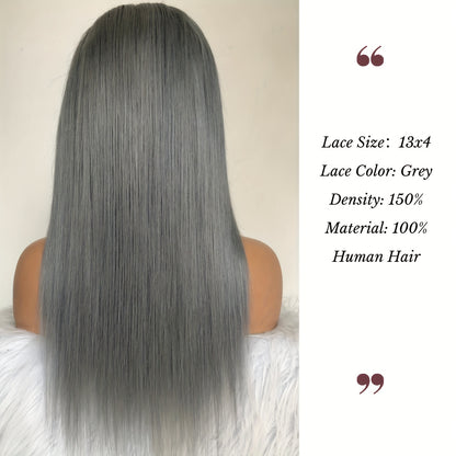 Chic Silvery Grey 13x4 Lace Front Wig for Women - Pre-Plucked Brazilian Human Hair, Easy to Apply with 150% Density