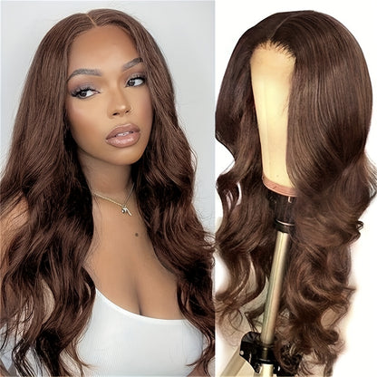 Chocolate Brown Body Wave Lace Front Wig Human Hair Swiss HD Lace Frontal Wig Pre Plucked With Ear To Ear Baby Hair #4 Colored Brazilian Long Loose Wave Wig Chestnut Brown Wig