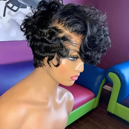 Women's Short Curly Pixie Wig, 150% Density, T-Part Lace Front, Loose Wave Human Hair, Basic Style, 13x4x1 Lace Area, Versatile for All Ethnicities