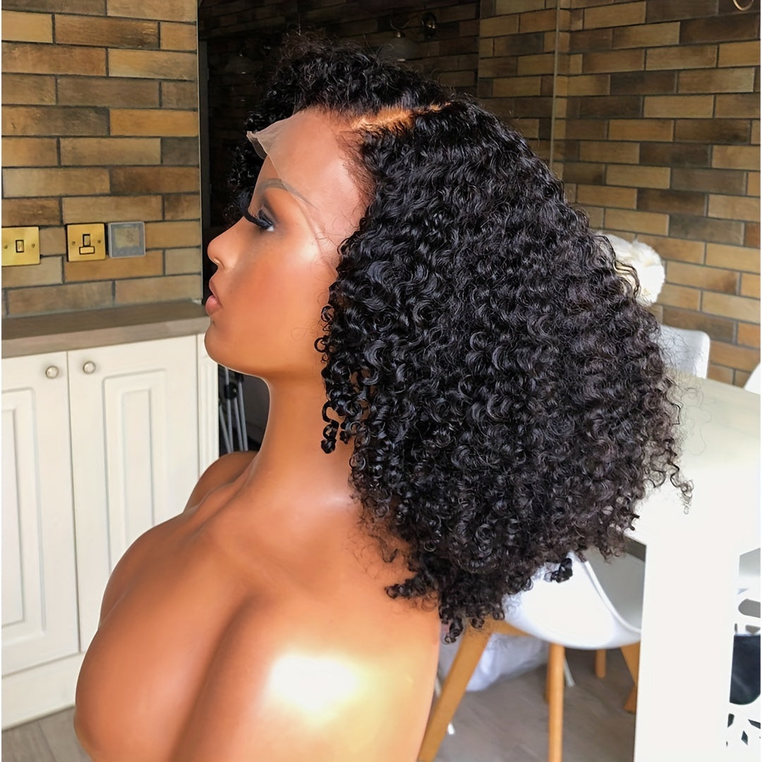 Luxurious 100% Human Hair Curly Wig with Natural Youngsters Hair - Transparent Lace Front, Pre-Plucked & Adjustable Cap, 180% Density, 14" Natural Black, Jerry Curls for Daily Use