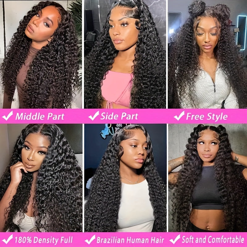 250% 13x4 Water Wave Lace Front Wigs Curly Wave Human Hair Wig Curly Lace Frontal Wig Wet And Wavy Lace Wig Natural Black Long Water Wave Lace Front Human Hair Wigs Plucked With Transparent HD Lace Front Wig #1B Natural Color