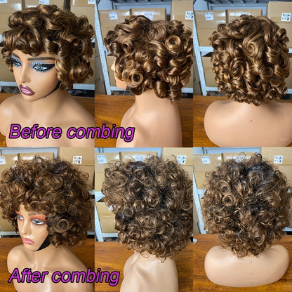 Loose Curly Brazilian Human Hair Wig With Bang For Women Curly Loose Wave Style, 250% Density, Full Machine Made, Non-Lace, Glueless Wigs, Easy To Wear 10inches 25.4cm